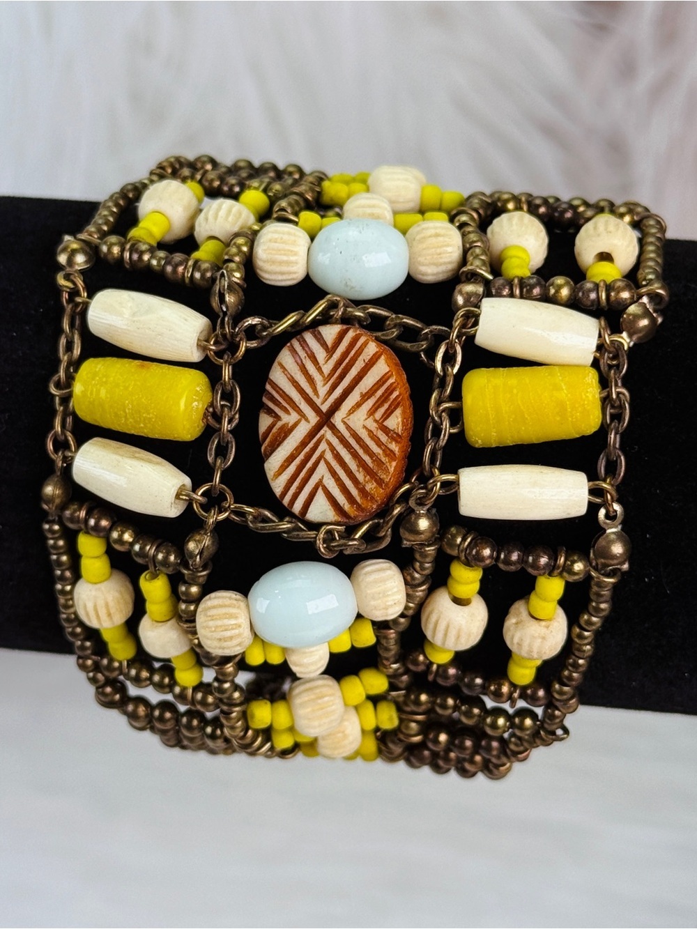 Vintage Boho Beaded Cuff Bracelet Yellow Bronze Tribal Statement